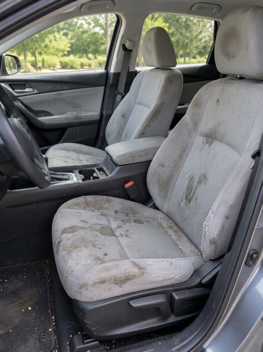 Asientos de automóvil antes de la limpieza profesional